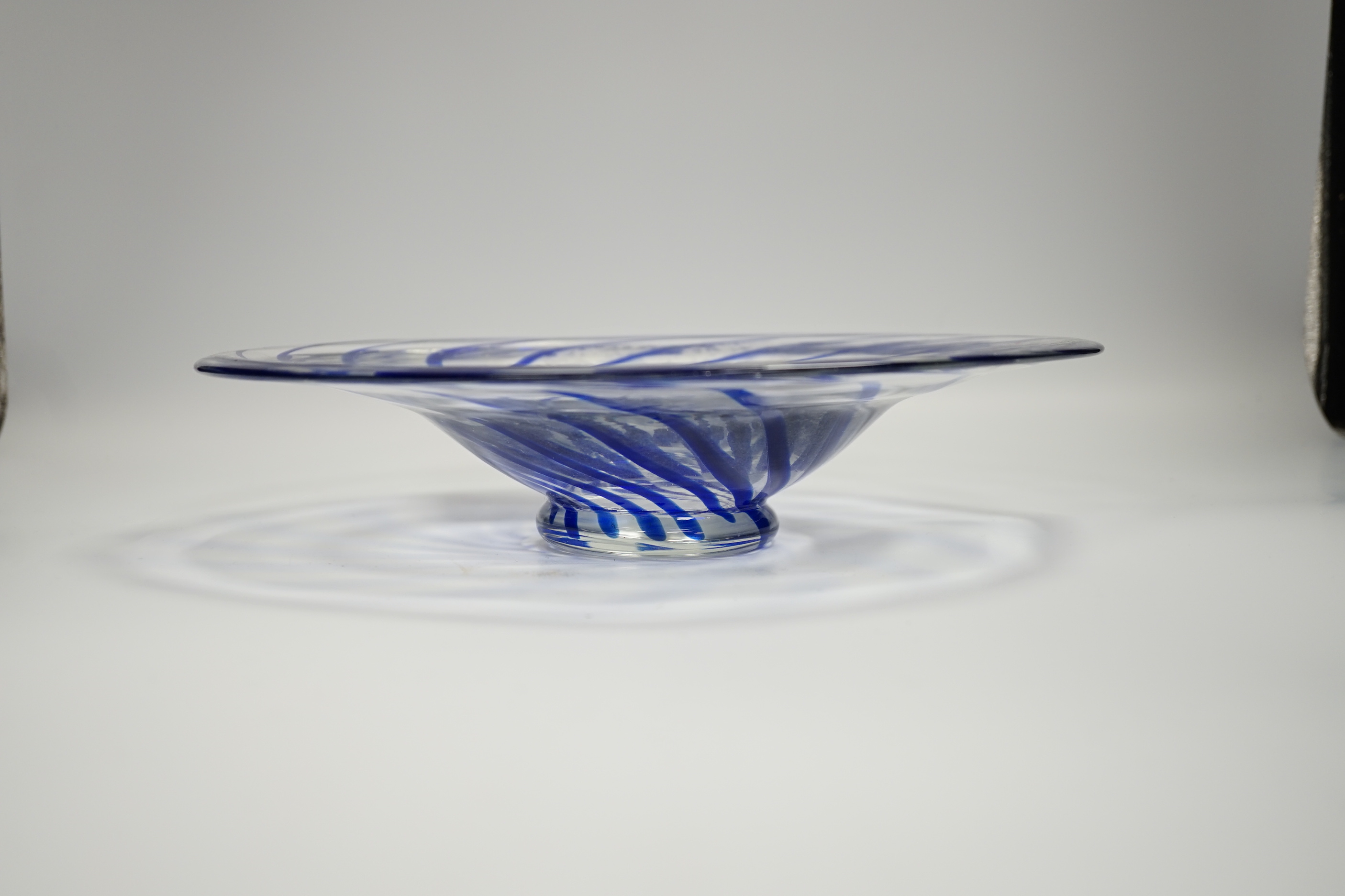 A Murano blue striped glass dish attributed to Carlo Moretti, 30cm diameter